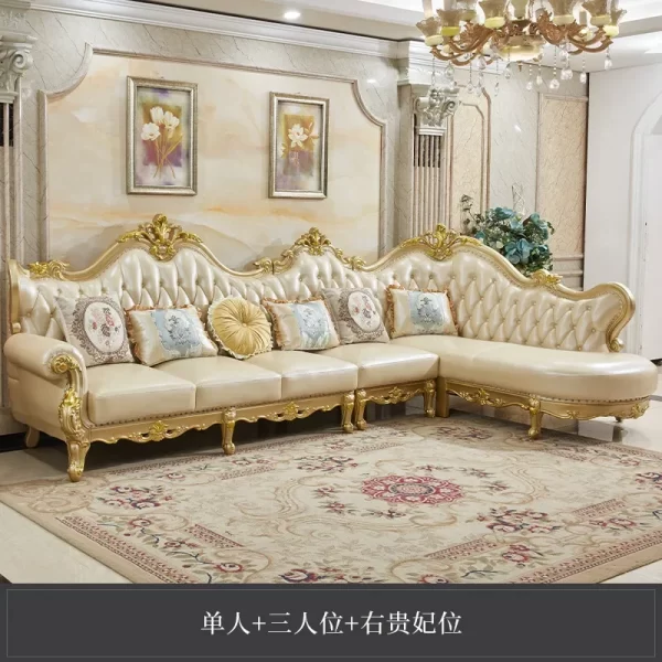 European leather corner sofa combination solid wood luxury living room noble gold first layer cowhide villa set furniture - Image 8