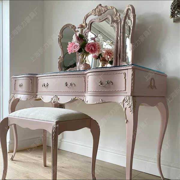 Vintage distressed pink dressing table, solid wood carved - Image 15