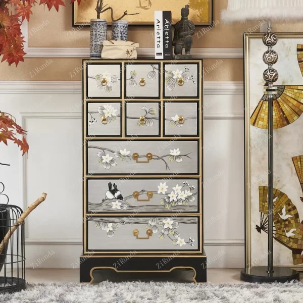 ~2024 new new Chinese-style painted flower and bird bedroom multi-drawer storage locker solid wood sofa corner cabinet - Image 7