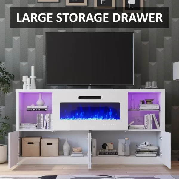 68" Fireplace TV Stand with 40" Fireplace, Modern High Gloss Entertainment Center LED Lights for TVs up to 78", Console Glass - Image 2