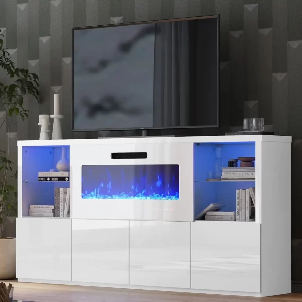 68" Fireplace TV Stand with 40" Fireplace, Modern High Gloss Entertainment Center LED Lights for TVs up to 78", Console Glass - Image 10