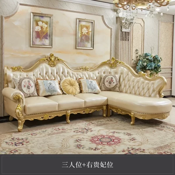 European leather corner sofa combination solid wood luxury living room noble gold first layer cowhide villa set furniture - Image 9