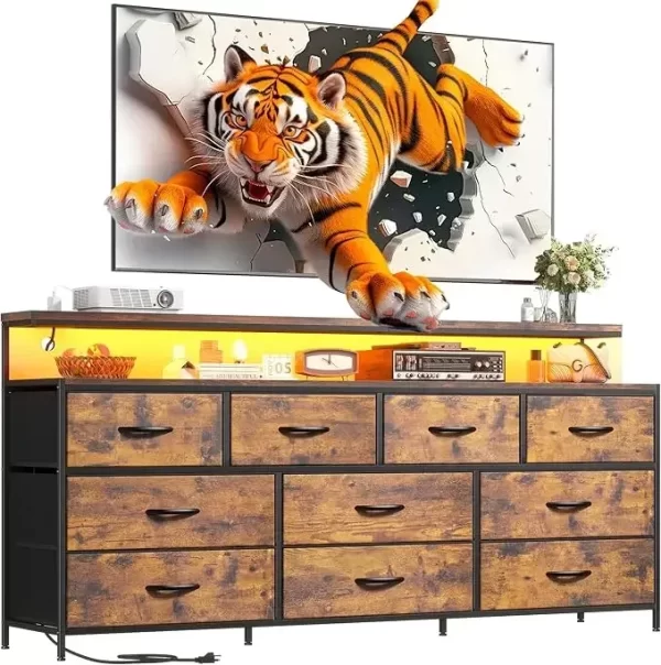 55" TV Stand Dresser with Large Storage Space, White Dresser for Bedroom with Power Outlet & LED Lights for Living Room Bedroom - Image 8