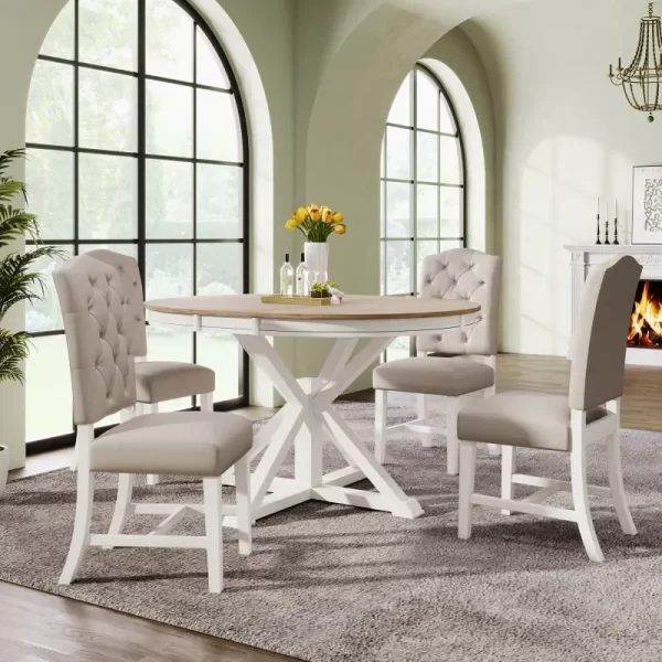 ST000078AADFunctional Furniture Retro Style Dining Table Set with Extendable Table and 4 Upholstered Chairs for Dining Room and - Image 8