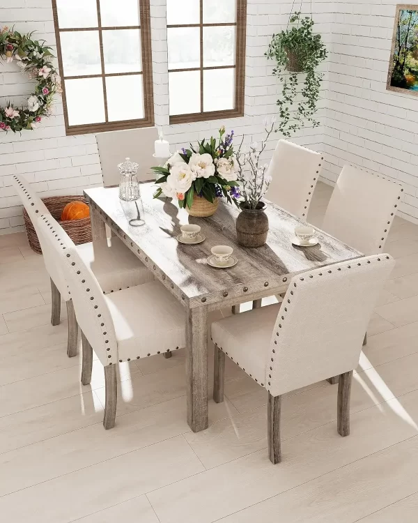 7 Piece Rustic Wooden Dining Set Mid-Century Modern Table & Chair Set for Spacious Dining Rooms and Entertaining Guests