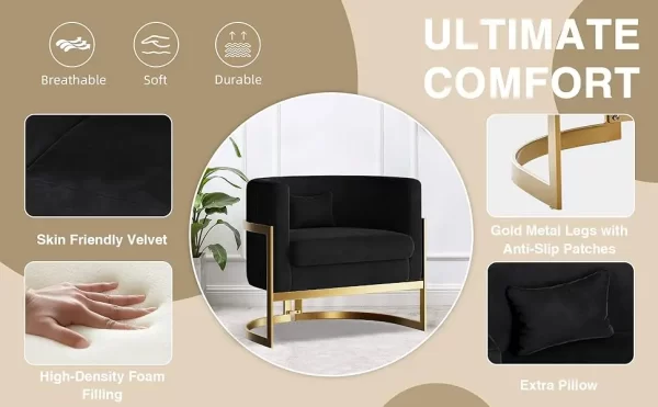 Accent Chair Gold Modern Barrel Chair Upholstered Arm Chairs for Bedroom Living Room Sofa Chair Club Chairs Black - Image 11