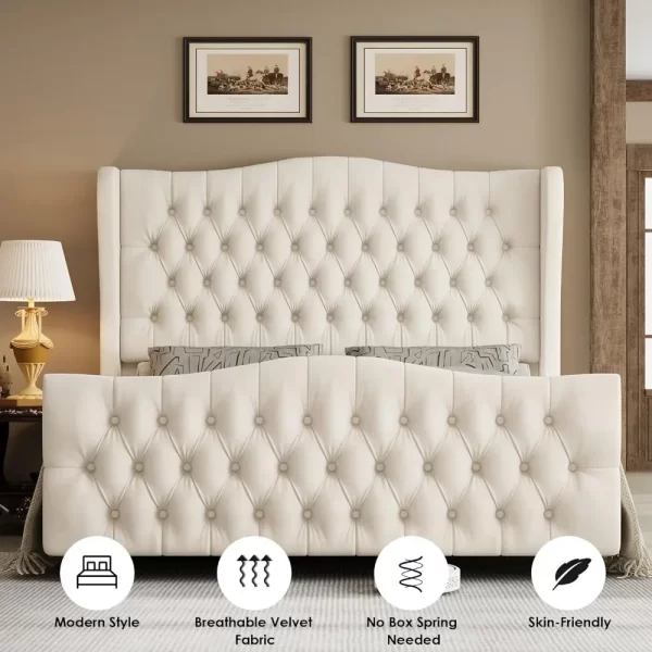 Bed Frame with Velvet Upholstered Deep Button Tufted Wingback Headboard and Footboard, No Box Spring Needed, Bed Frame - Image 2