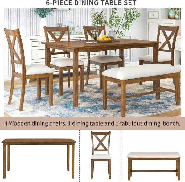 Dining Table Set for 6, Wood Rectangular Dining Table and 4 Fabric Chairs & Bench, 6-Piece Kitchen Table Set for Dining Room - Image 5