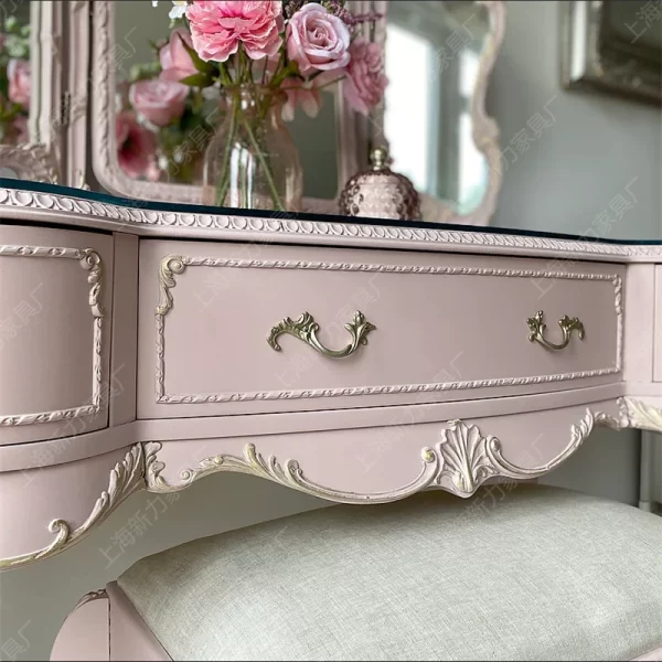 Vintage distressed pink dressing table, solid wood carved - Image 2