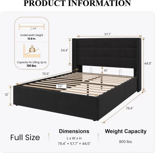 King Size Lift Up Storage Bed/Velvet Upholstered,Wingback Headboard,Upholstered Platform Bed Frame,Hydraulic Storage - Image 10