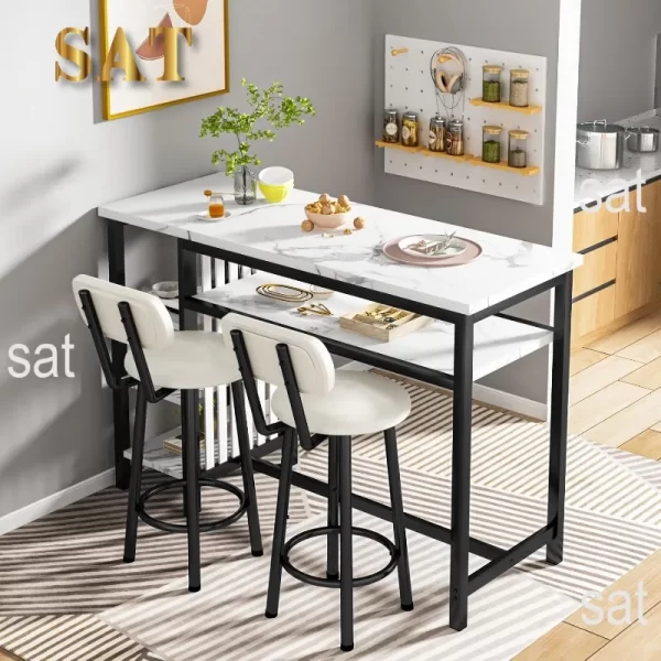 Furniture Kitchen Bar Height Table and Chairs,Faux Marble Top and 2 PU Leather Upholstered Seat Black Frame,Modern Dining Set - Image 7