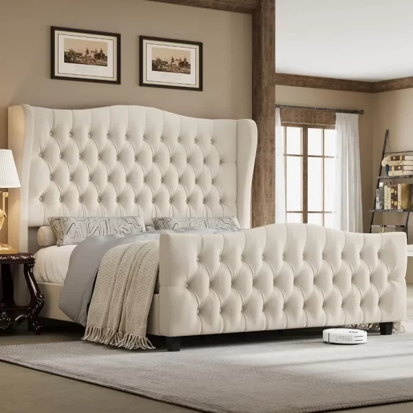 Bed Frame with Velvet Upholstered Deep Button Tufted Wingback Headboard and Footboard, No Box Spring Needed, Bed Frame