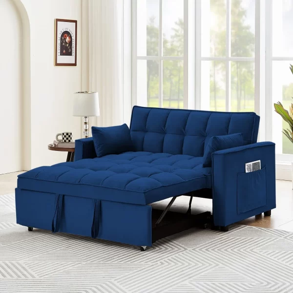 Convertible Sleeper Sofa Bed, Velvet Tufted Loveseat Couch with Pull Out Bed with 2 Pillows, Living Room Sofa - Image 11