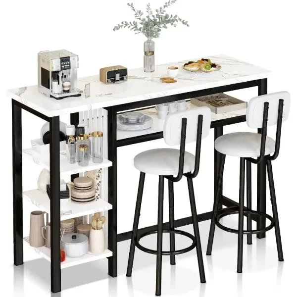 Furniture Kitchen Bar Height Table and Chairs,Faux Marble Top and 2 PU Leather Upholstered Seat Black Frame,Modern Dining Set