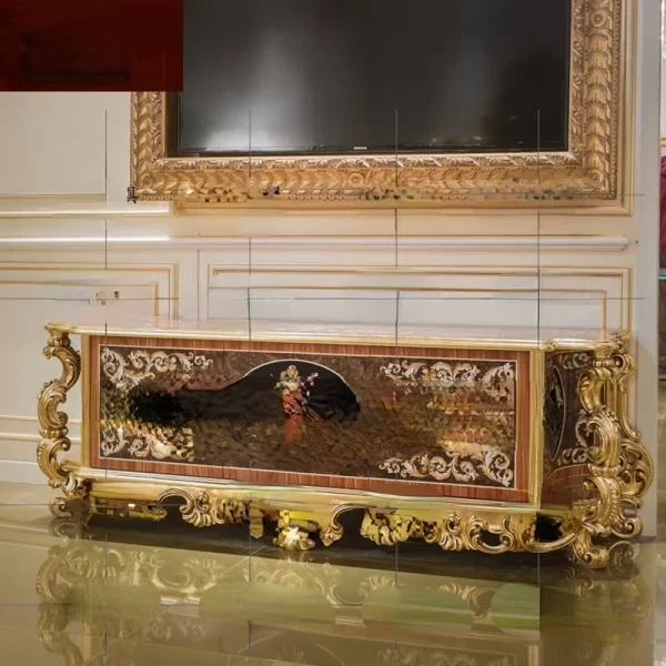 Bedroom Mosaic TV Cabinet European-Style Solid Wood Carved Gold Foil Floor Cabinet Living Room Display Cabinet