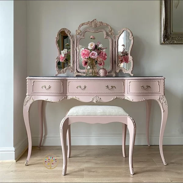 Vintage distressed pink dressing table, solid wood carved - Image 14