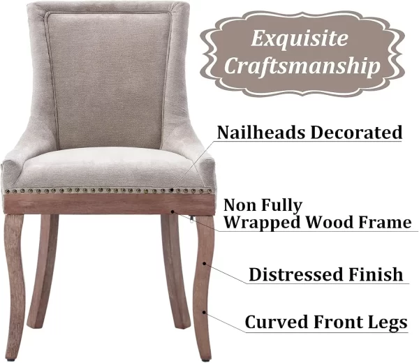 Fabric Vintage Upholstered Side Chairs Set of 6 Farmhouse Solid Wood Kitchen Dining Room Chairs Nail Heads Legs Fabric Beige - Image 4