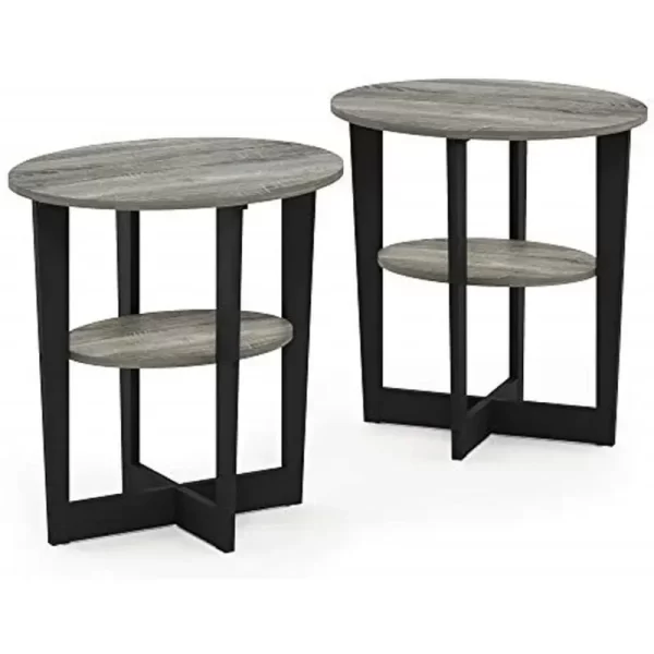 Oval End Side Night Stand/Bedside Table, 2-Pack, French Oak Grey/Black