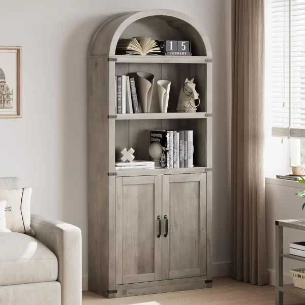 Bookcase with Doors Arched Bookshelf 71.65in Tall Farmhouse Cabinet Shelves Wooden Bookshelves for Home Office, Living Room - Image 9