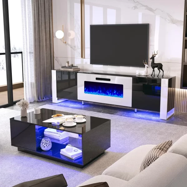 3 Piece Living Room Table Sets, 70" Modern High Gloss TV Stand LED Lights, 36" Electric Fireplace, 40" Coffee Tables for Living - Image 8