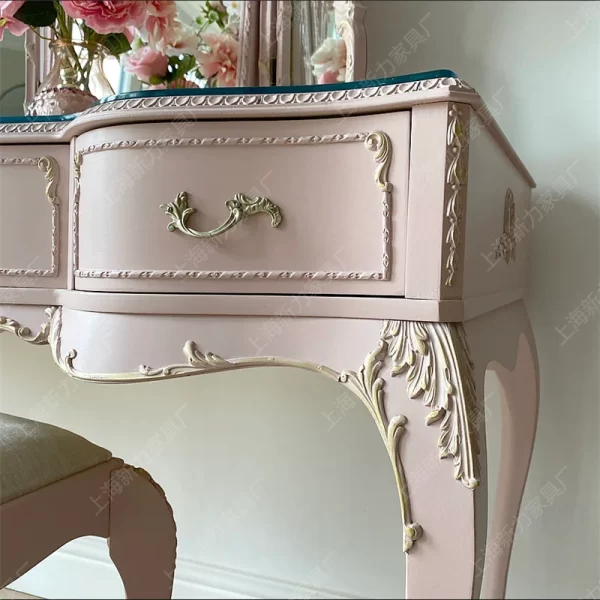 Vintage distressed pink dressing table, solid wood carved - Image 21