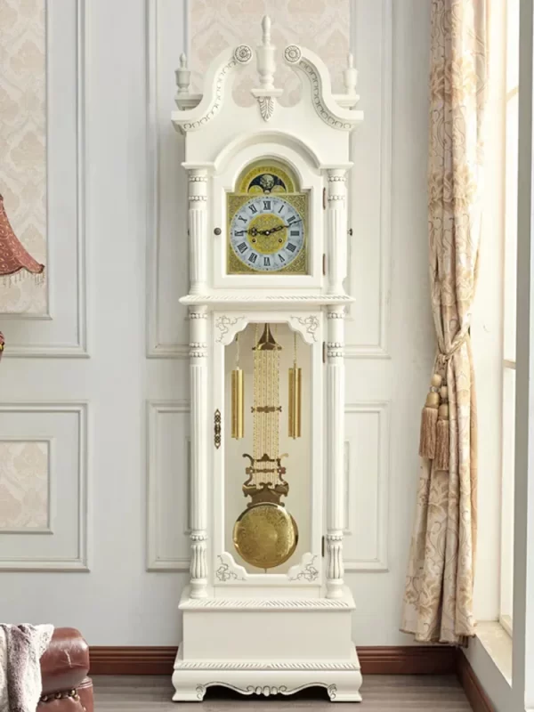 Retro the Grandfather Clock Living Room Solid Wood Vertical Bell Mechanical Villa Pendulum Clock White Clock - Image 3