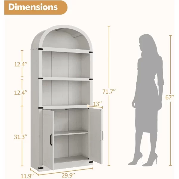 Bookcase with Doors Arched Bookshelf 71.65in Tall Farmhouse Cabinet Shelves Wooden Bookshelves for Home Office, Living Room - Image 2