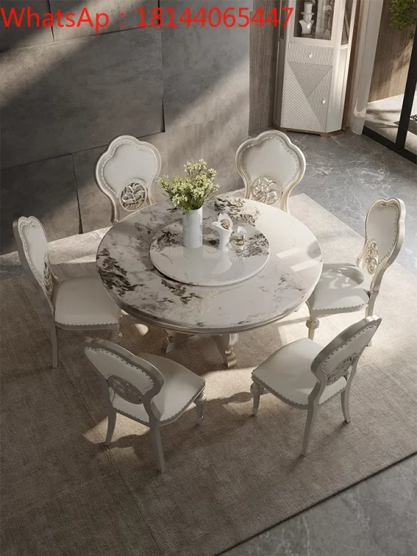 American marble round table with turntable modern simple deluxe solid wood dining tables and chairs high-end furniture