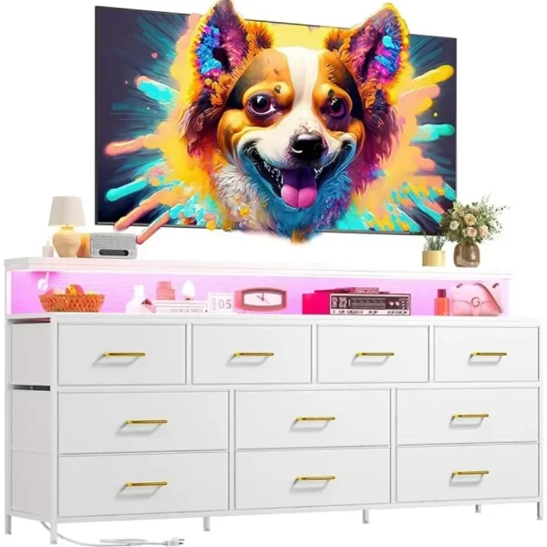 55" TV Stand Dresser with Large Storage Space, White Dresser for Bedroom with Power Outlet & LED Lights for Living Room Bedroom