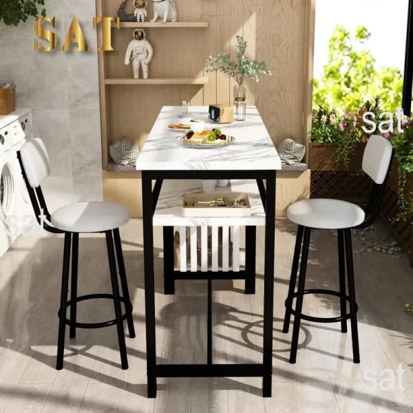 Furniture Kitchen Bar Height Table and Chairs,Faux Marble Top and 2 PU Leather Upholstered Seat Black Frame,Modern Dining Set - Image 10