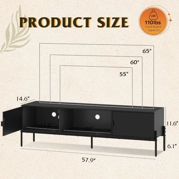 Modern TV Stand for 65 Inch TV, Mid Century Entainment Center with Storage, TV Console with Open Shelf and 2 Cabinets - Image 3