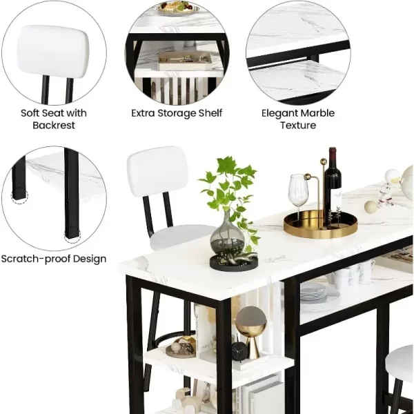 Furniture Kitchen Bar Height Table and Chairs,Faux Marble Top and 2 PU Leather Upholstered Seat Black Frame,Modern Dining Set - Image 6