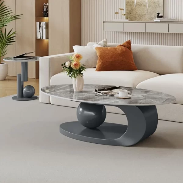 Modern Stone Coffee Table with Abstract Metal Base Living Room Table Center Table- Grey 39" L x 20" W x 17" H - Image 2