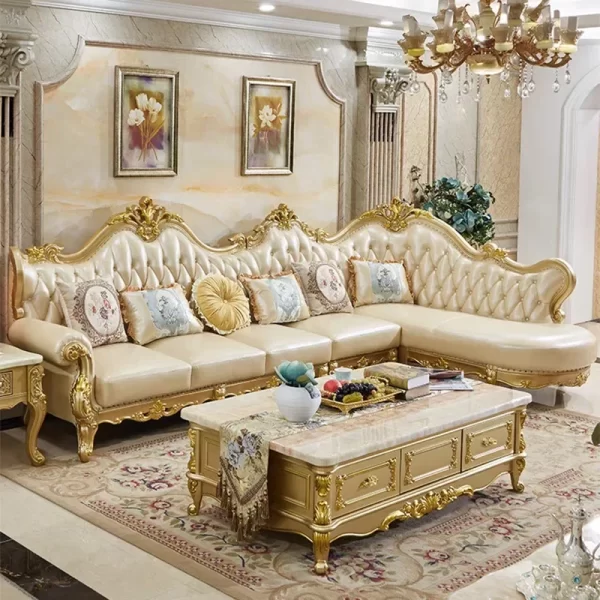 European leather corner sofa combination solid wood luxury living room noble gold first layer cowhide villa set furniture - Image 2