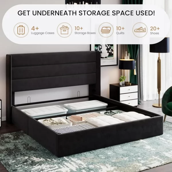 King Size Lift Up Storage Bed/Velvet Upholstered,Wingback Headboard,Upholstered Platform Bed Frame,Hydraulic Storage - Image 3