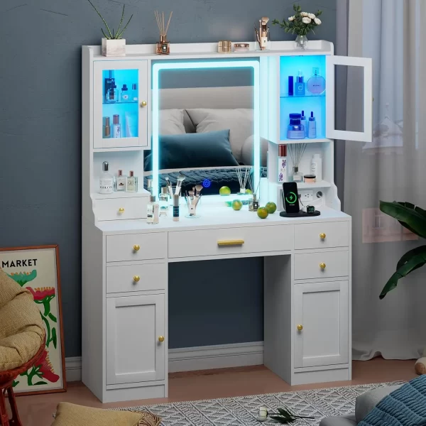 White Vanity Desk with Mirror, Lights and Charging Station - Large Makeup Table Set with RGB Cabinets and 3 LED Light Modes - Image 6