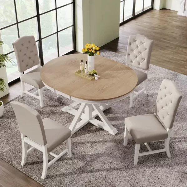 ST000078AADFunctional Furniture Retro Style Dining Table Set with Extendable Table and 4 Upholstered Chairs for Dining Room and - Image 9