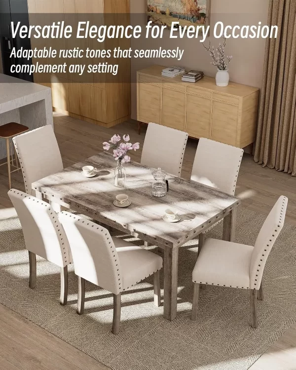 7 Piece Rustic Wooden Dining Set Mid-Century Modern Table & Chair Set for Spacious Dining Rooms and Entertaining Guests - Image 6