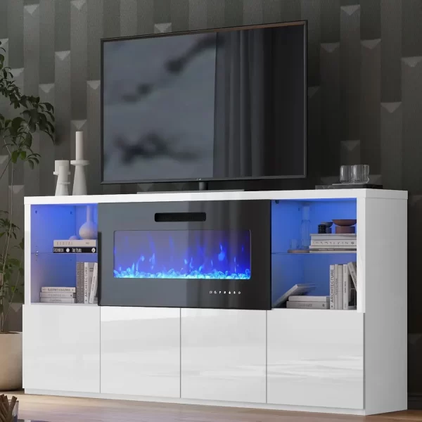 68" Fireplace TV Stand with 40" Fireplace, Modern High Gloss Entertainment Center LED Lights for TVs up to 78", Console Glass - Image 9