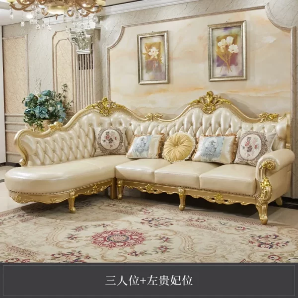 European leather corner sofa combination solid wood luxury living room noble gold first layer cowhide villa set furniture - Image 6