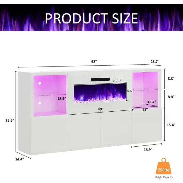 68" Fireplace TV Stand with 40" Fireplace, Modern High Gloss Entertainment Center LED Lights for TVs up to 78", Console Glass - Image 6