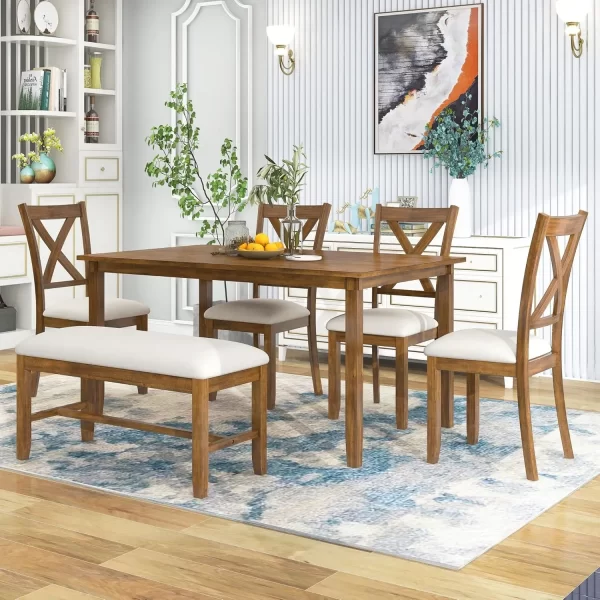 Dining Table Set for 6, Wood Rectangular Dining Table and 4 Fabric Chairs & Bench, 6-Piece Kitchen Table Set for Dining Room