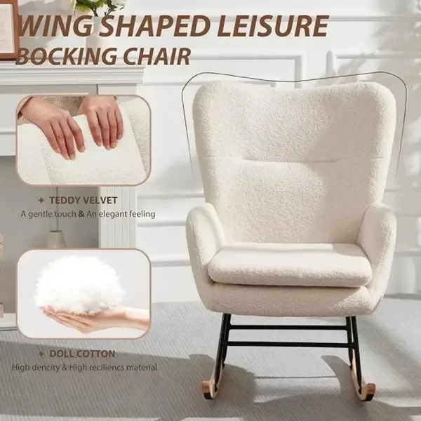 Rocking ChairUpholstered Chairs with High Backrest, Glider Recliner Nursery Chair with Pocket for Bedroom Living Room Offices - Image 3