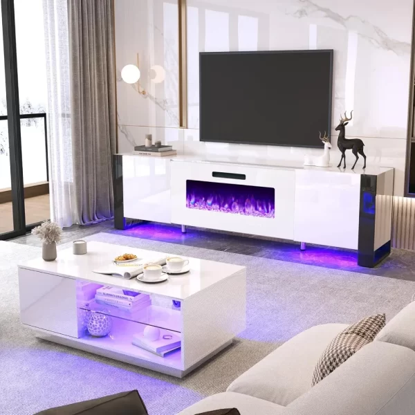 3 Piece Living Room Table Sets, 70" Modern High Gloss TV Stand LED Lights, 36" Electric Fireplace, 40" Coffee Tables for Living