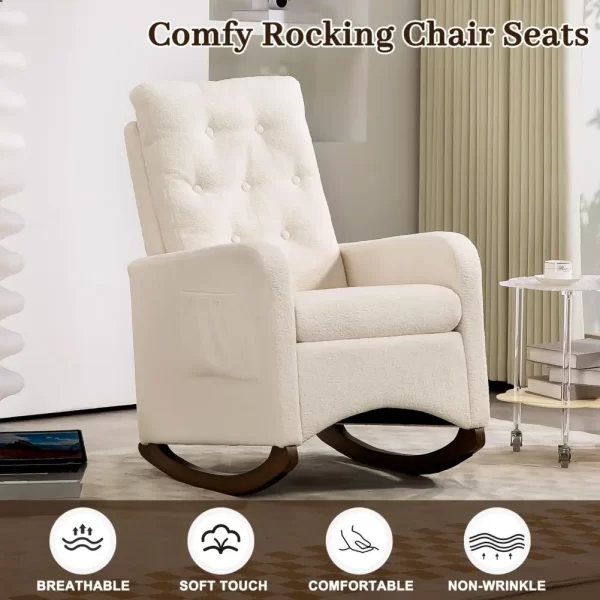 Upholstered Rocking Chair Accent Chair,Nursery Rocking Chairs in Teddy Fabric with High Backrest,Side Pocket Rubber Wood Legs - Image 11