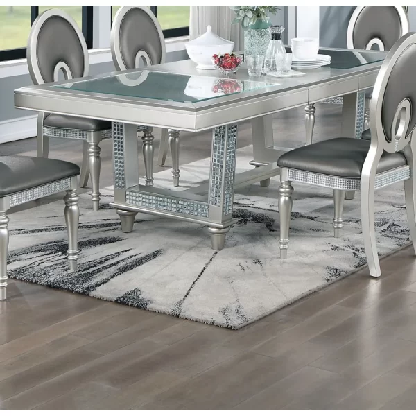 Dining Table Rectangle Table w Leaf Silver Hue Glass Top 1pc Dining Table Dining Room Furniture - Image 2