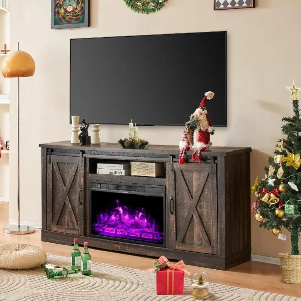 Fireplace TV Stand with Sliding Barn Door for TVs up to 73", Farmhouse 63" Fireplace Entertainment Center with Storage - Image 11