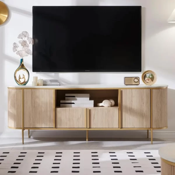 Luxury 70" Fluted TV Stand, Modern Entertainment Center for TVs Up to 80 inches, TV Console with Faux Marble Top