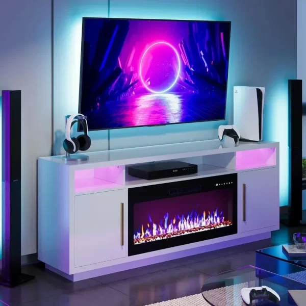 70" Fireplace TV Stand for TVs Up to 75", LED Light Entertainment Center with 36" Electric Fireplace Heater, Storage Cabinet - Image 3