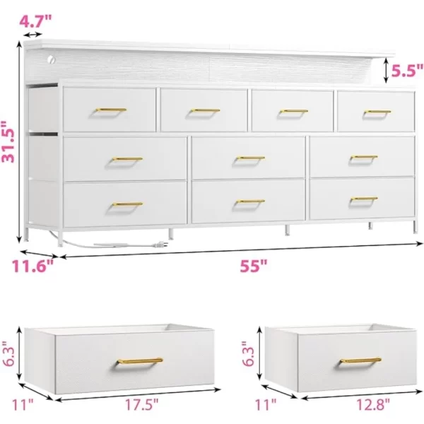 55" TV Stand Dresser with Large Storage Space, White Dresser for Bedroom with Power Outlet & LED Lights for Living Room Bedroom - Image 14